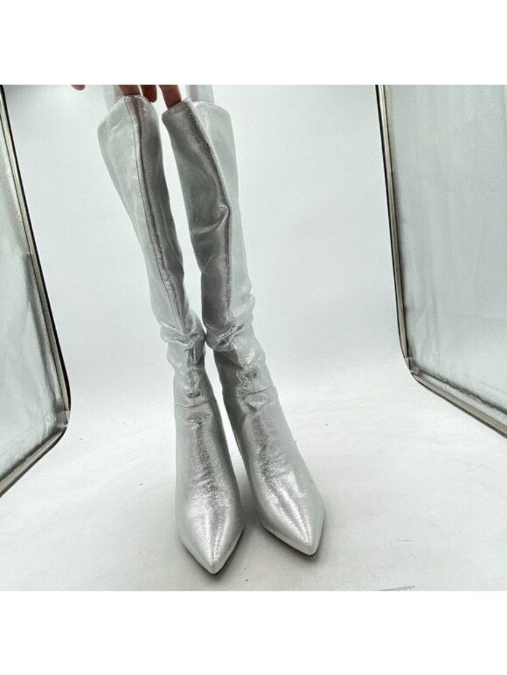 Silver Kitten Heel Sequin Knee High Boots Glitter Pointed Toe Long Boots Shoes